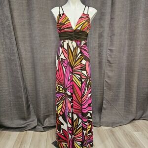 Floral Maxi Dress Tropical Casual Summer‎ Dress Womens Size Medium Brown Pink